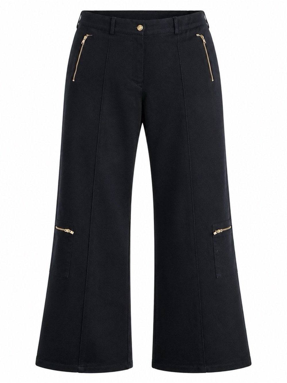 St. John Black Boot-Cut Pants with Gold Zip Details